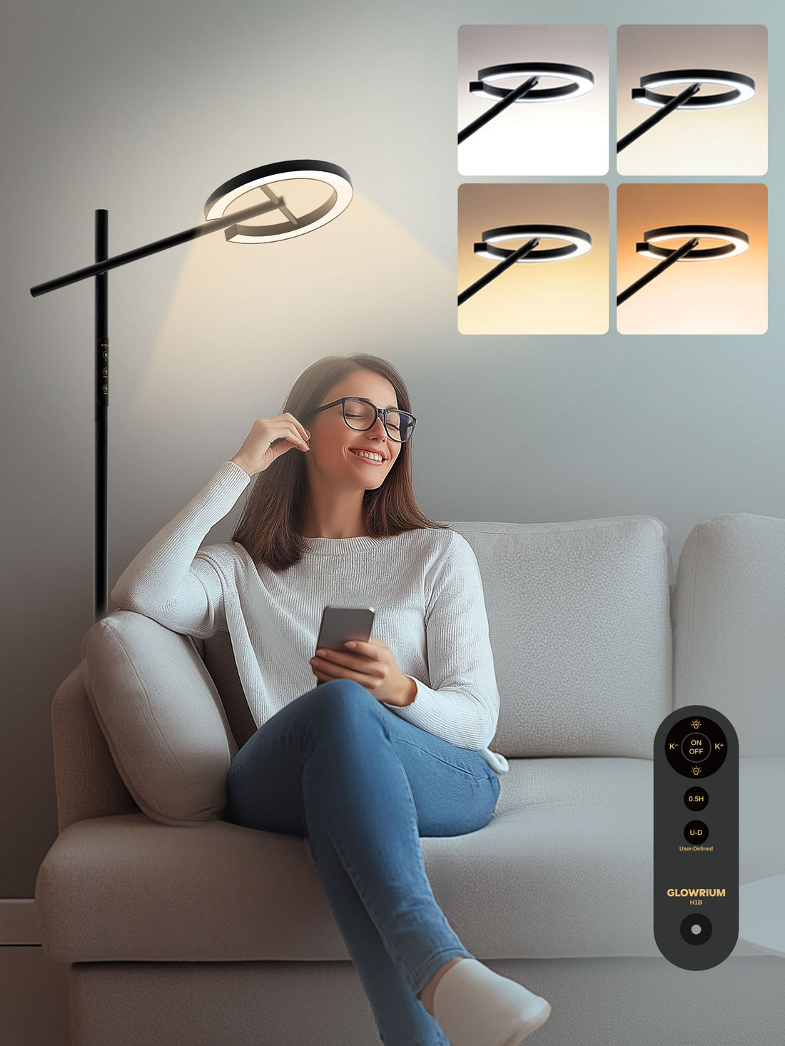 GLOWRIUM-H1B Therapy Floor Lamp UV-Free, Stepless Dimming 12,000 Lux Brightness, Remote Control, Timer