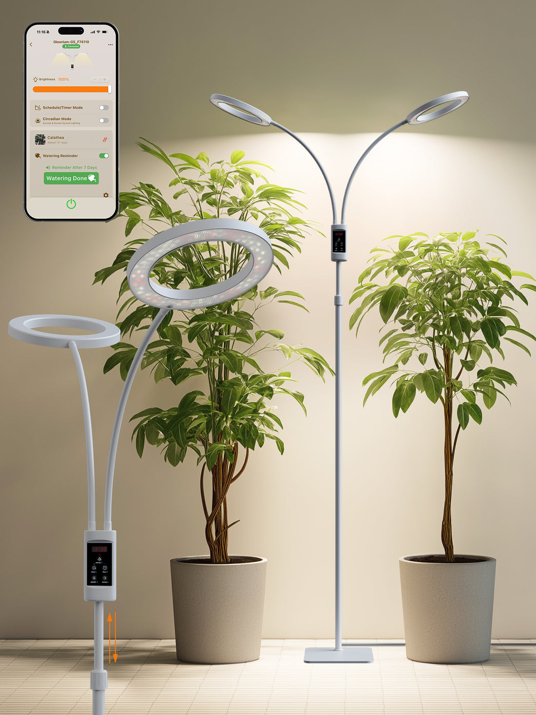 Smart Floor LED Grow Light 48W – Dual-Head Full Spectrum, Adjustable Height, Stepless Dimming, Auto-Timer for Most Indoor Plants-G5