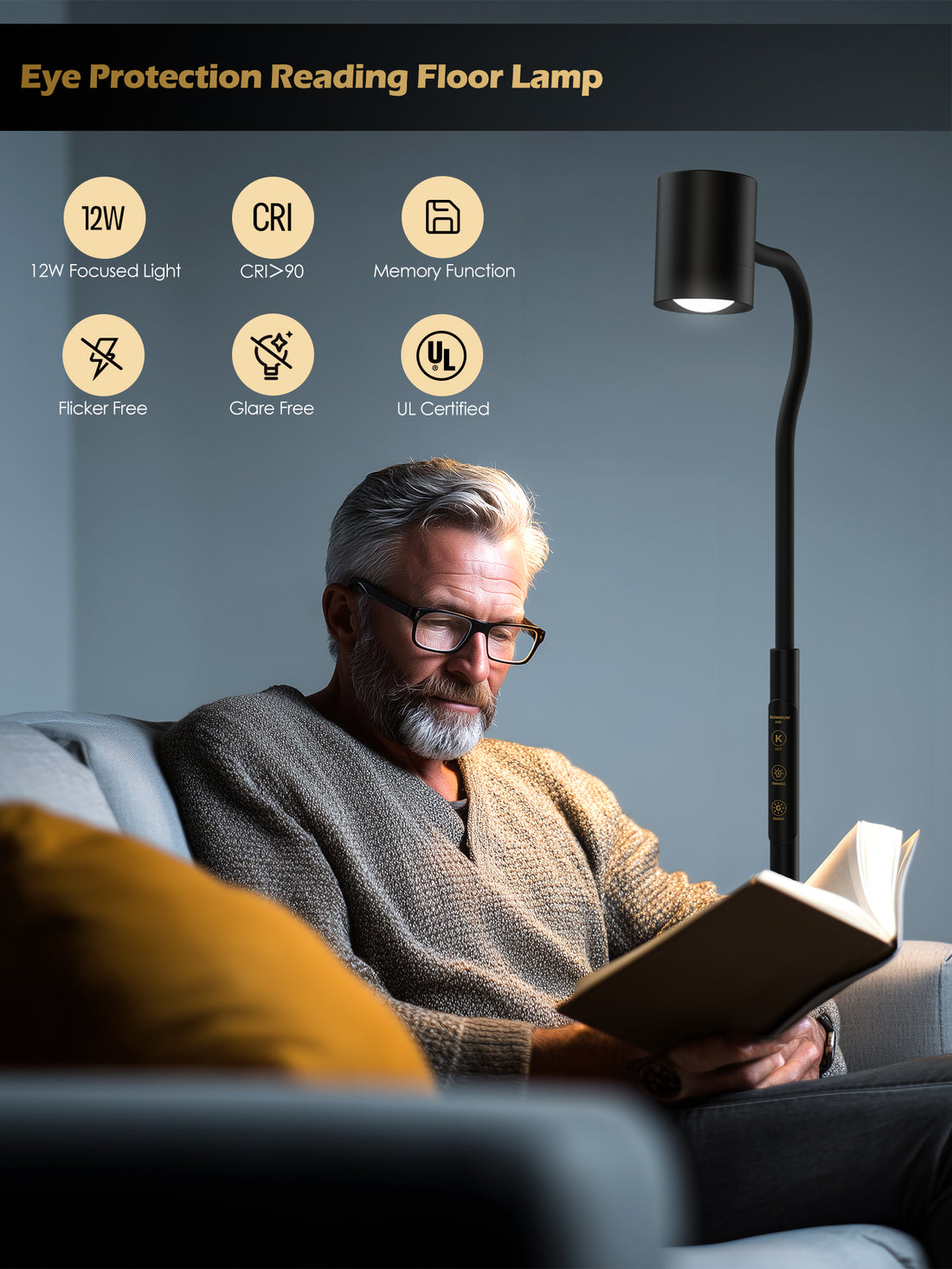 GLOWRIUM 12W LED Smart Reading Floor Lamp H2B – 62" Tall, Dimmable Brightness &amp; Color Temperature, Adjustable Gooseneck Touch Control, Suitable for Living Room, Bedroom, and Home Office