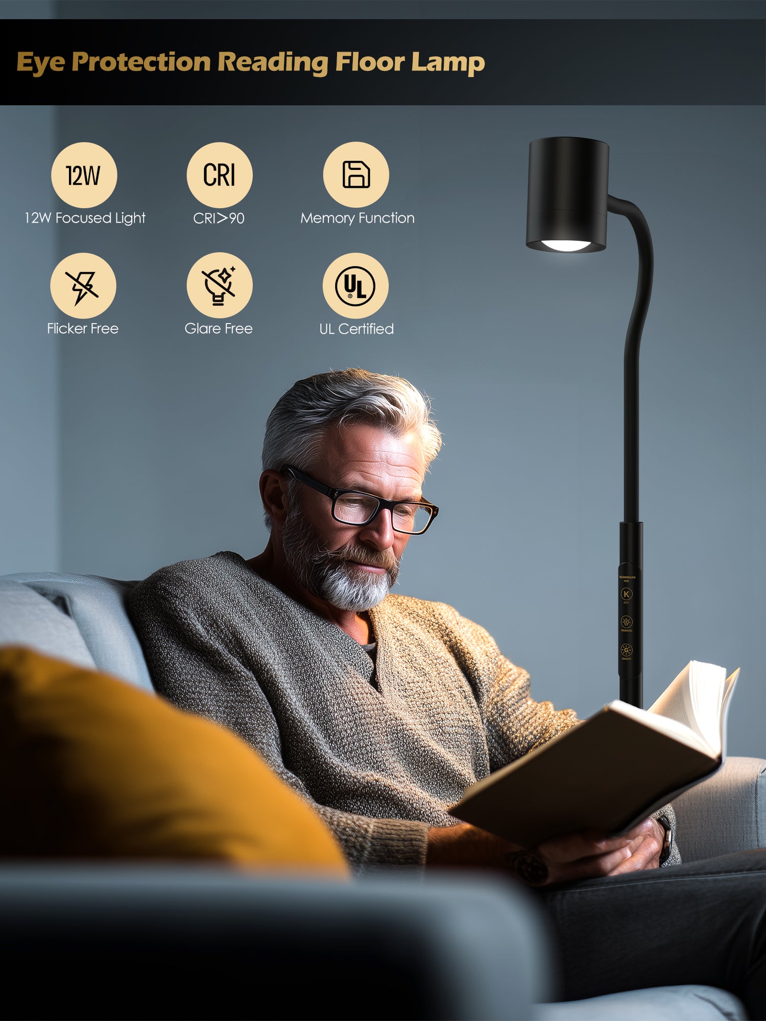 GLOWRIUM 12W LED Smart Reading Floor Lamp H2B – 62" Tall, Dimmable Brightness &amp; Color Temperature, Adjustable Gooseneck Touch Control, Suitable for Living Room, Bedroom, and Home Office
