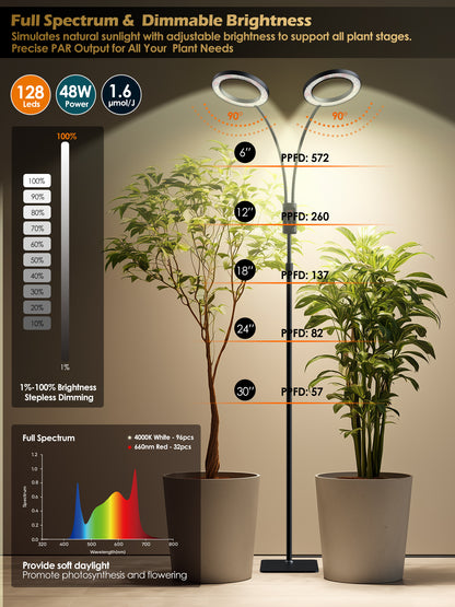 GLOWRIUM 48W Smart Grow Light – Dual-Head Full Spectrum, Adjustable Height, Stepless Dimming, Auto-Timer for Most Indoor Plants-G5