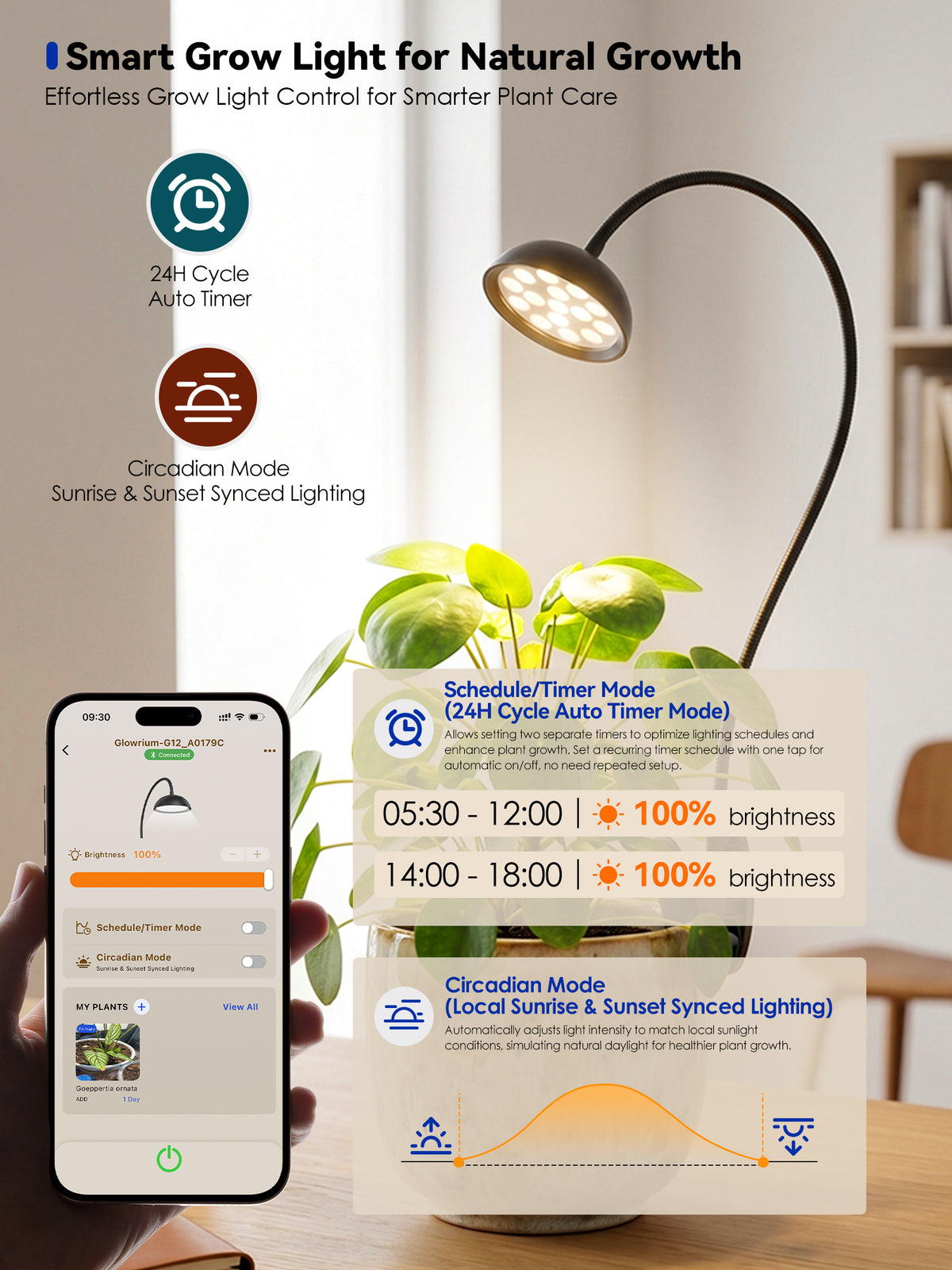GLOWRIUM® G12 Smart Mini Grow Light - 6W Full Spectrum LED Plant Light with App Control, Timer &amp; 360° Flexible Gooseneck