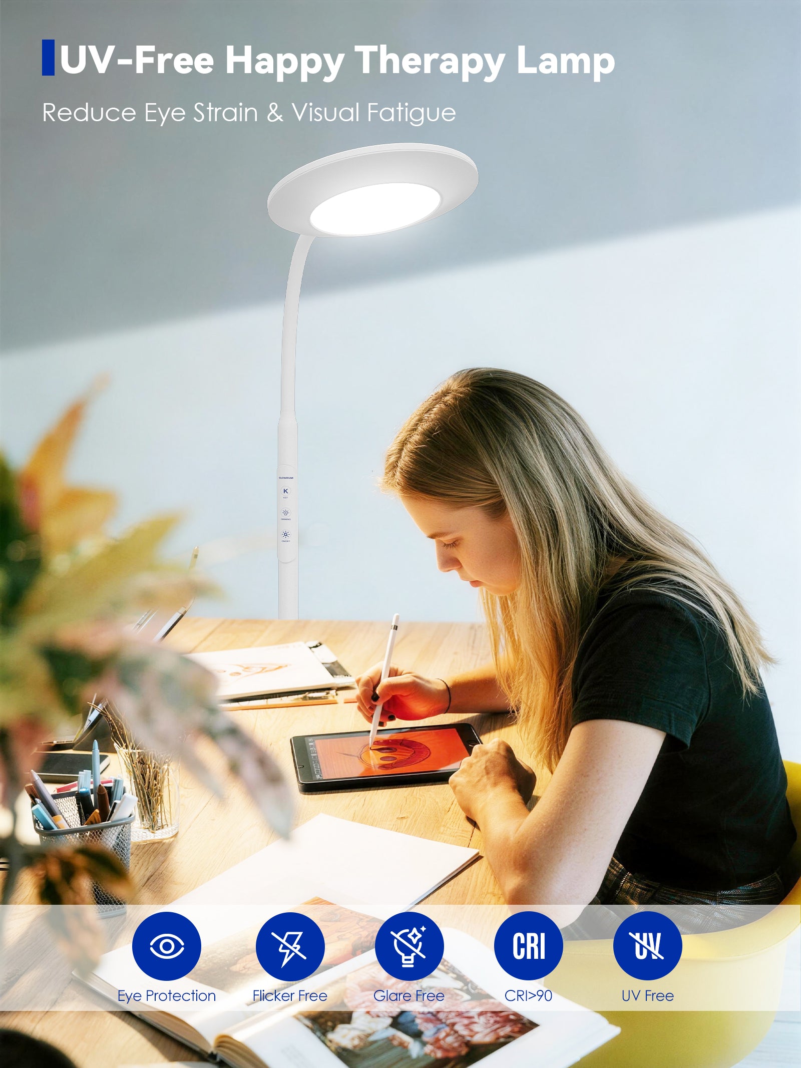 GLOWRIUM® H6 Light Therapy Floor Lamp - 48,000 Lux UV-Free Full Spectrum Sunlight Lamp with Remote &amp; Touch Control