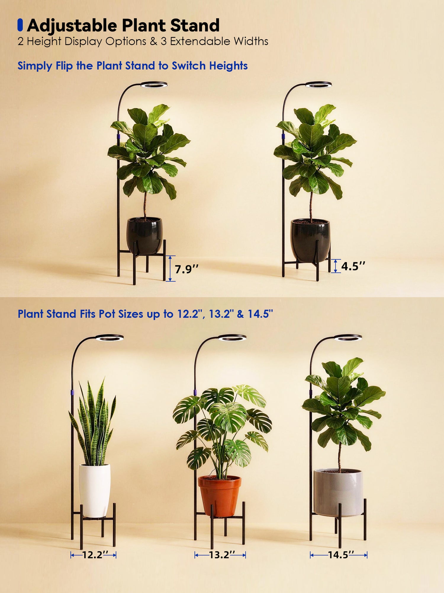 GLOWRIUM® G11 Plant Stand with Grow Light, 24W Full Spectrum Indoor Plant Light, Adjustable Height Metal Plant Shelf, Dimmable Floor Growing Lamp with App &amp; Timer Control for Home Decor