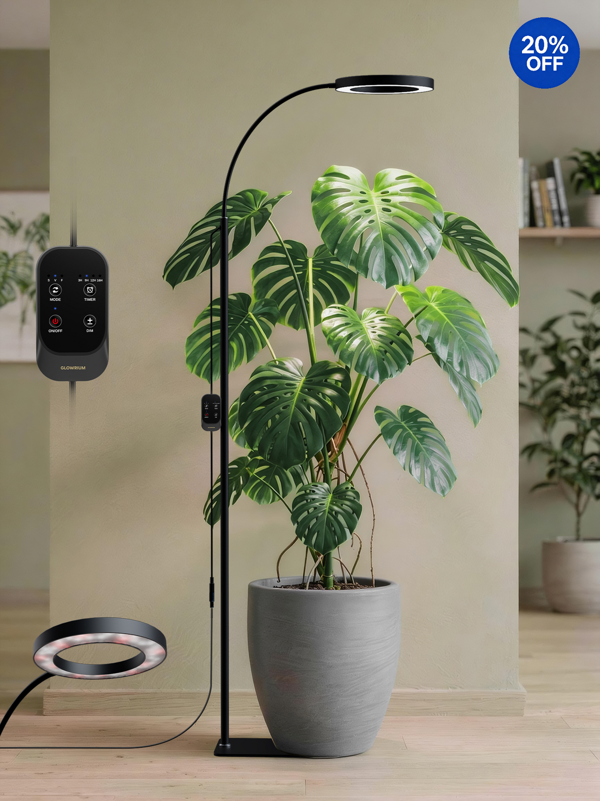 GLOWRIUM® G2 20W Grow Light Full Spectrum LED Floor Plant Light for Indoor Plants