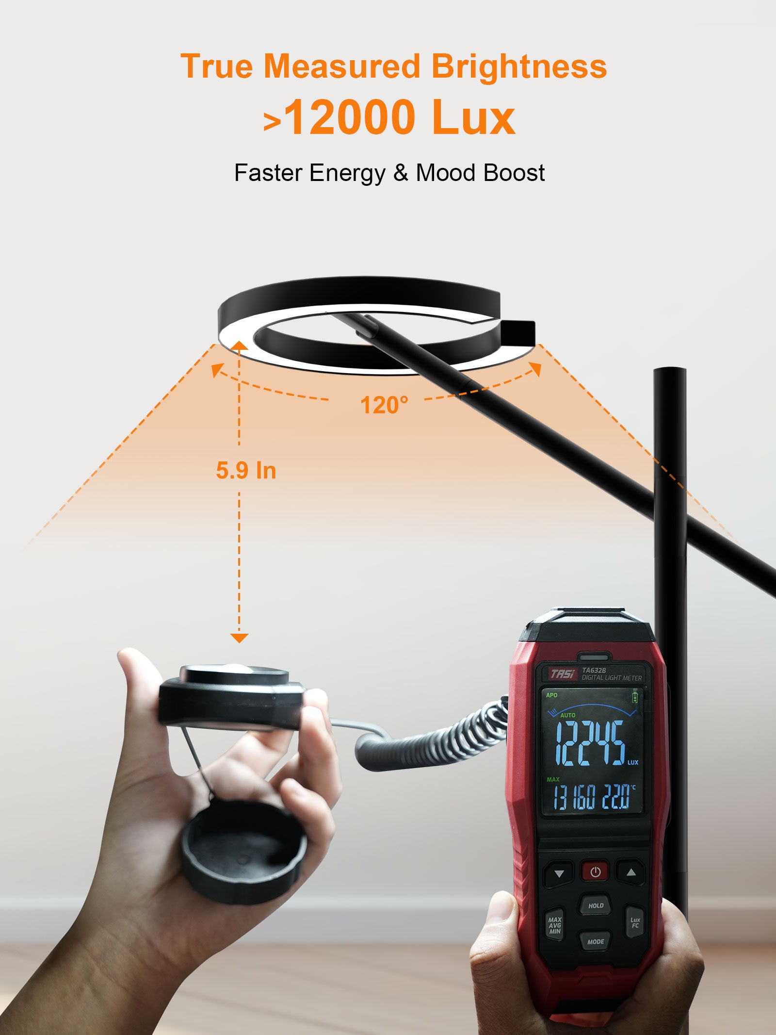 GLOWRIUM-H1B Therapy Floor Lamp UV-Free, Stepless Dimming 12,000 Lux Brightness, Remote Control, Timer