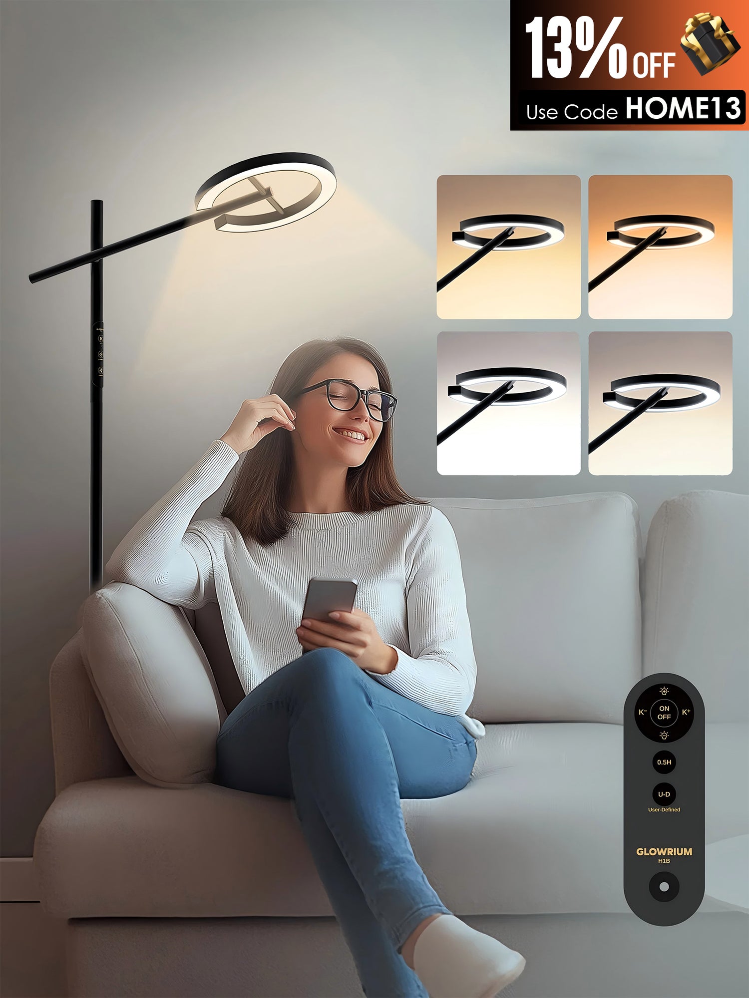 GLOWRIUM Happy Therapy Floor Lamp UV-Free, Stepless Dimming 12,000 Lux Brightness, Remote Control, Timer