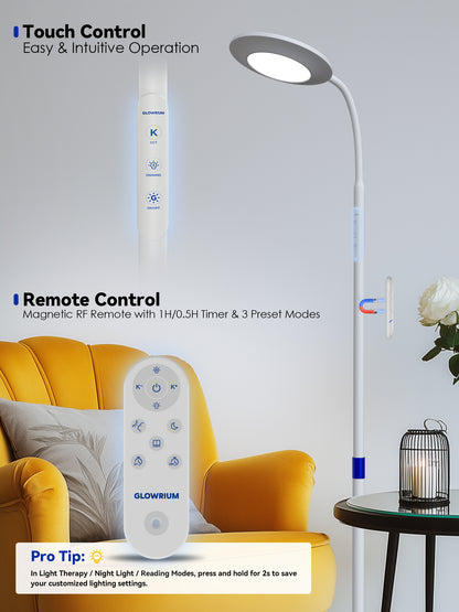GLOWRIUM® H6 Light Therapy Floor Lamp - 48,000 Lux UV-Free Full Spectrum Sunlight Lamp with Remote &amp; Touch Control