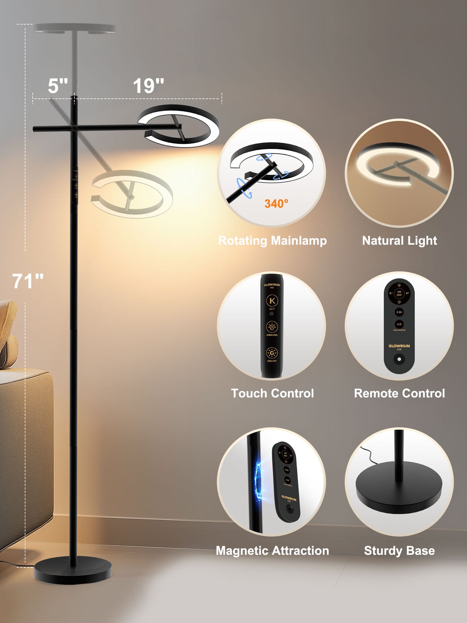 GLOWRIUM-H1B Therapy Floor Lamp UV-Free, Stepless Dimming 12,000 Lux Brightness, Remote Control, Timer
