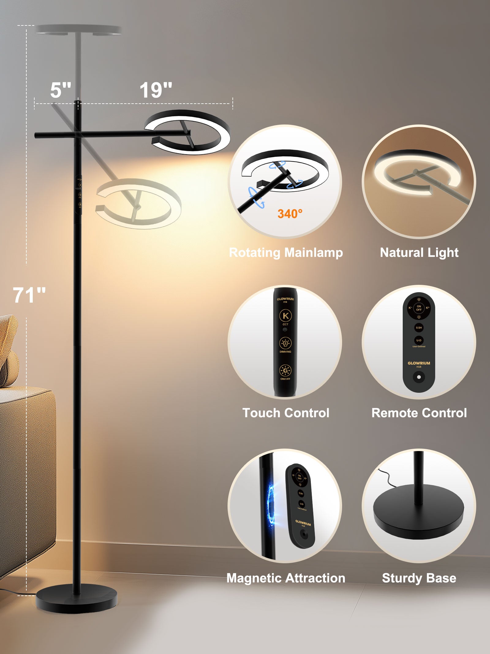 GLOWRIUM-H1B Therapy Floor Lamp UV-Free, Stepless Dimming 12,000 Lux Brightness, Remote Control, Timer