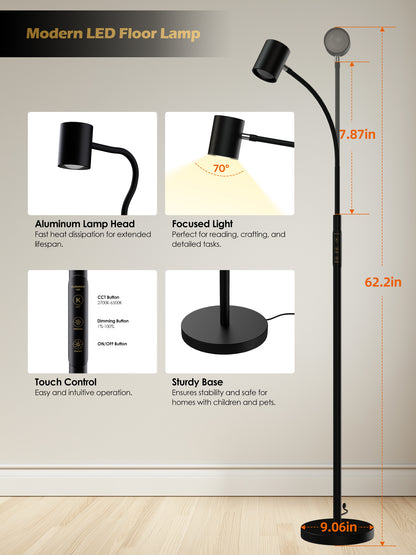 GLOWRIUM 12W LED Smart Reading Floor Lamp H2B – 62" Tall, Dimmable Brightness &amp; Color Temperature, Adjustable Gooseneck Touch Control, Suitable for Living Room, Bedroom, and Home Office
