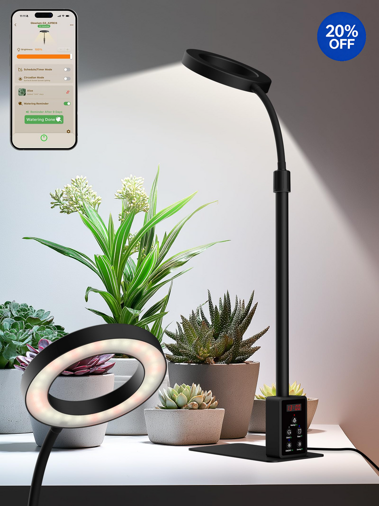 GLOWRIUM® G4 12W Smart LED Grow Light - Full Spectrum Indoor Plant Lamp with App Control, Adjustable Height, Dual Timer, Plant Care Assistant