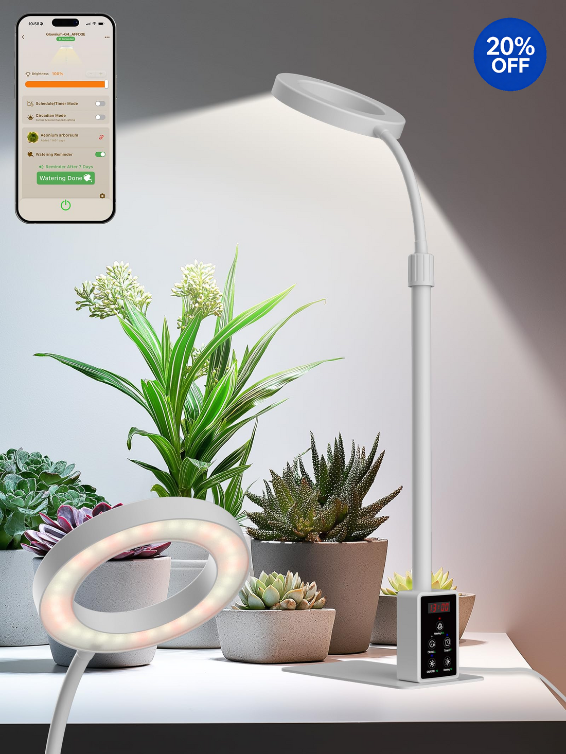 GLOWRIUM® G4 12W Smarte LED Pflanzenlampe - Vollspektrum Zimmerpflanzenlampe mit App-Steuerung, Höhenverstellbar, Dual-Timer, Pflanzenpflege-Assistent