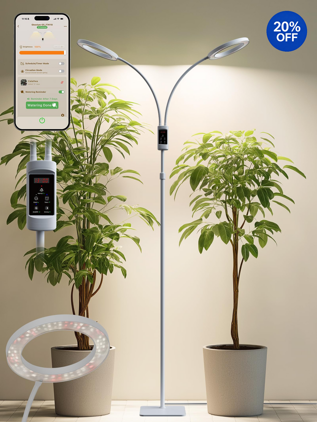 GLOWRIUM® G5 48W Smart Grow Light für große Zimmerpflanzen – Zwei Köpfe, volles Spektrum, höhenverstellbar, stufenloses Dimmen, Auto-Timer