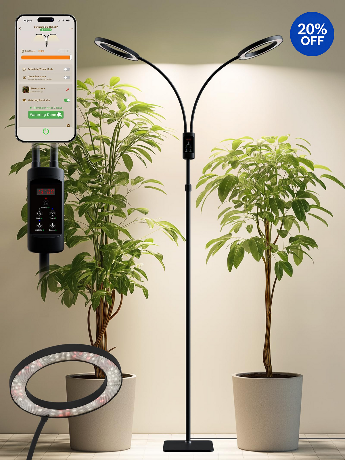 GLOWRIUM® G5 48W Smart Grow Light for Large Indoor Plants - Dual Head Full Spectrum, Adjustable Height, Stepless Dimming, Auto-Timer