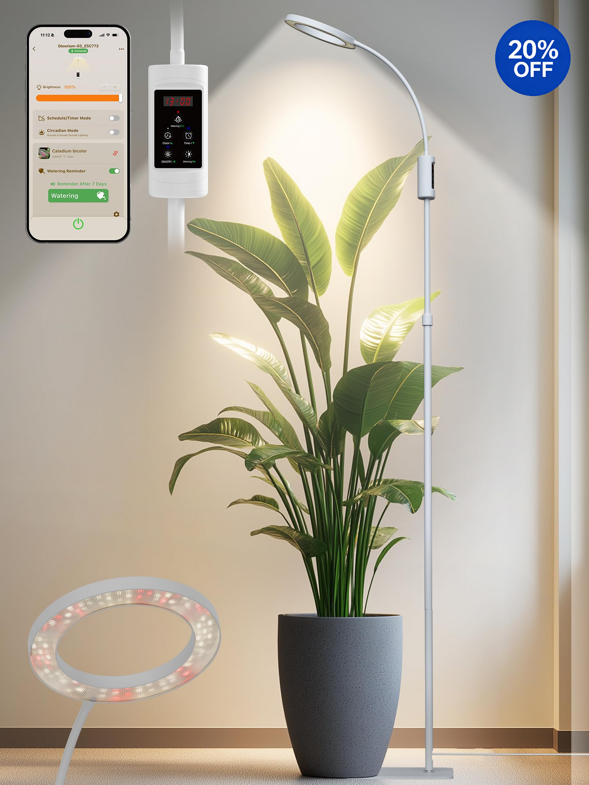 GLOWRIUM® G5 48W Smart Grow Light for Large Indoor Plants - Dual Head Full Spectrum, Adjustable Height, Stepless Dimming, Auto-Timer