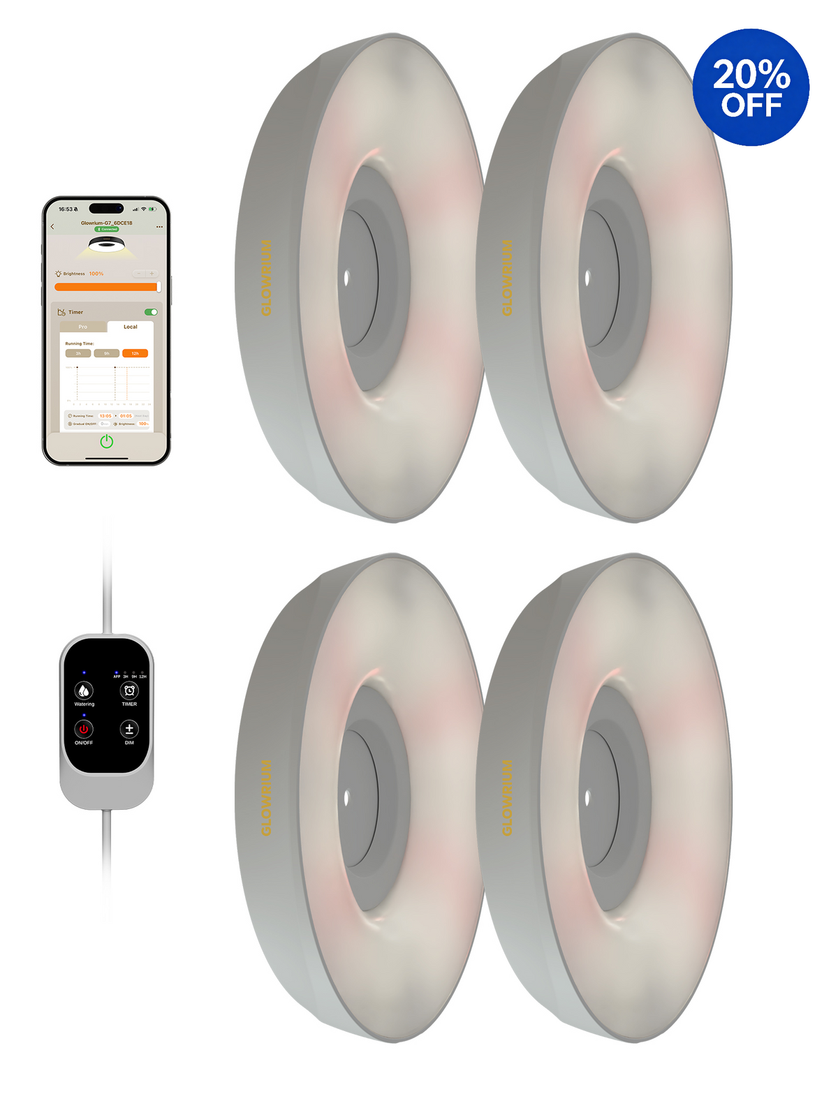 GLOWRIUM® G7 Smart LED Grow Light for Indoor Plants - Full Spectrum, Auto Timer, Stepless Dimming, Watering Reminder, Modular Design, Plant Assistant