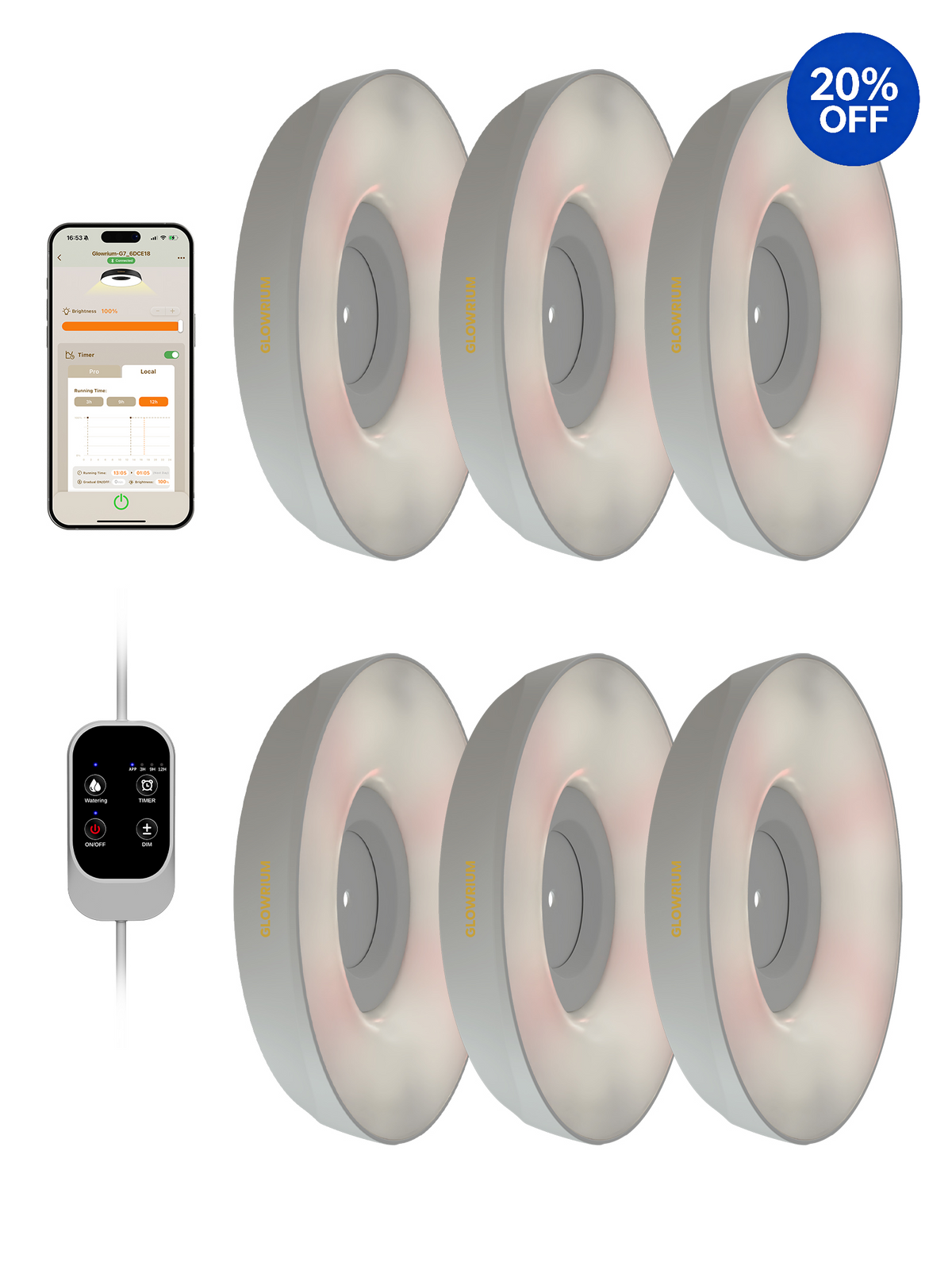 GLOWRIUM® G7 Smart LED Grow Light for Indoor Plants - Full Spectrum, Auto Timer, Stepless Dimming, Watering Reminder, Modular Design, Plant Assistant
