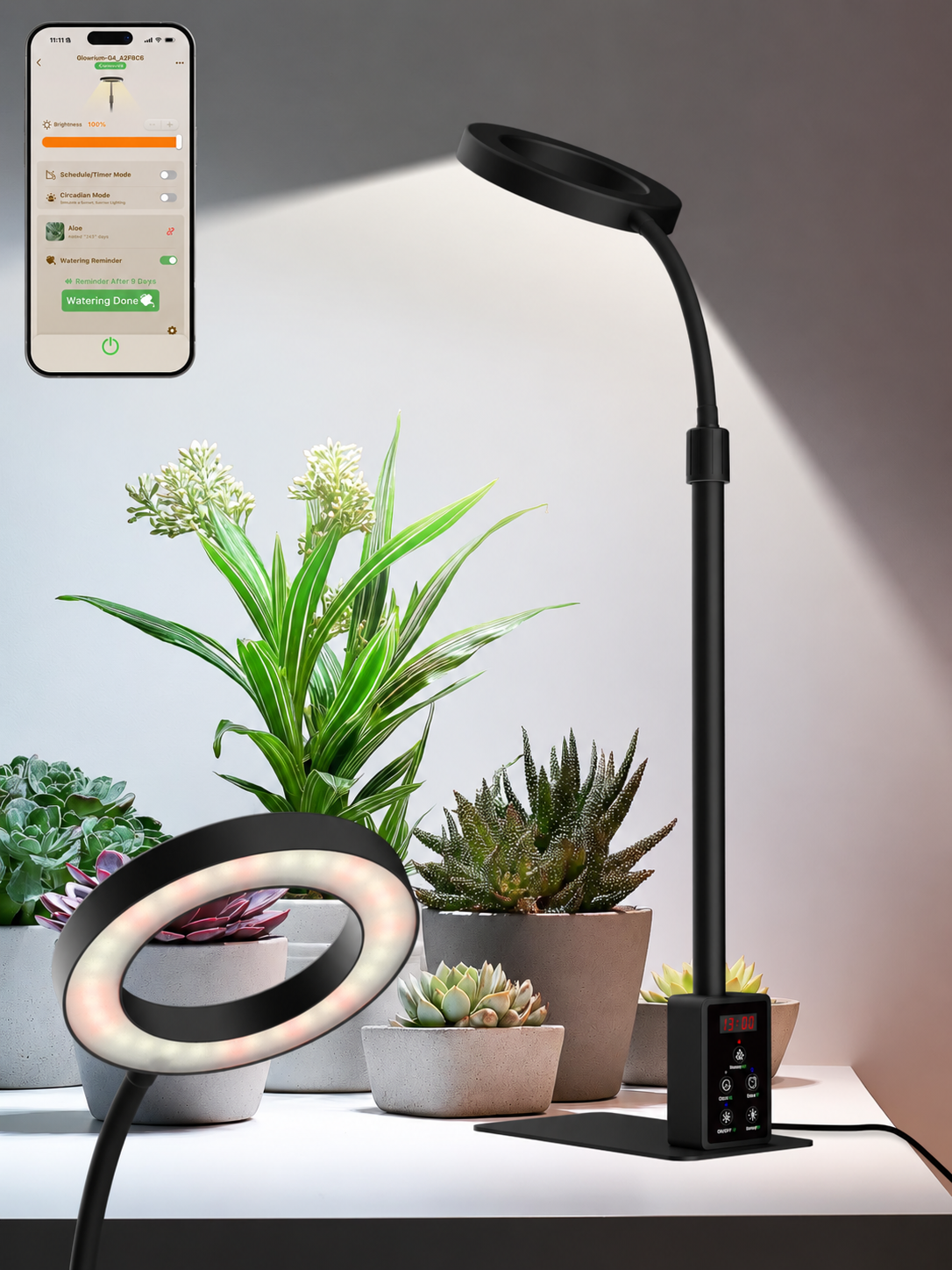 GLOWRIUM® G4 12W Smart LED Grow Light - Full Spectrum Indoor Plant Lamp with App Control, Adjustable Height, Dual Timer, Plant Care Assistant