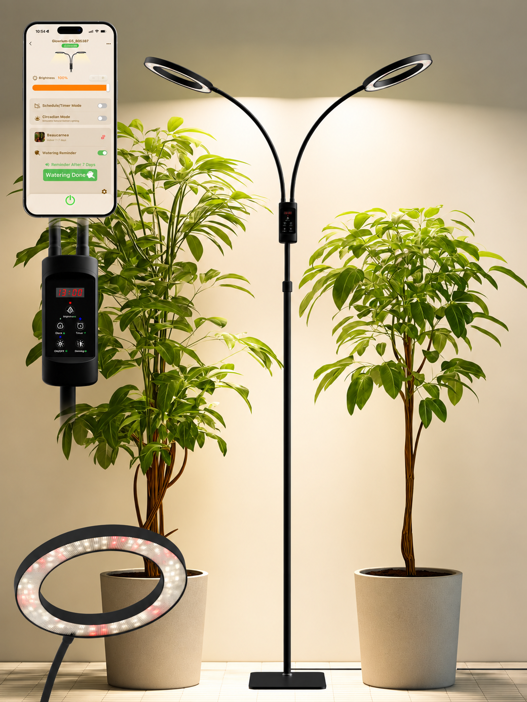GLOWRIUM® G5 48W Smart Grow Light for Large Indoor Plants - Dual Head Full Spectrum, Adjustable Height, Stepless Dimming, Auto-Timer