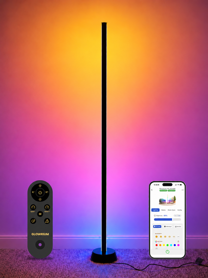 GLOWRIUM® H4 Smart LED Corner Floor Lamp – RGB+IC Color Effects, Alexa &amp; App Control, Dimmable Ambient Lighting for Gaming Rooms &amp; Living Spaces