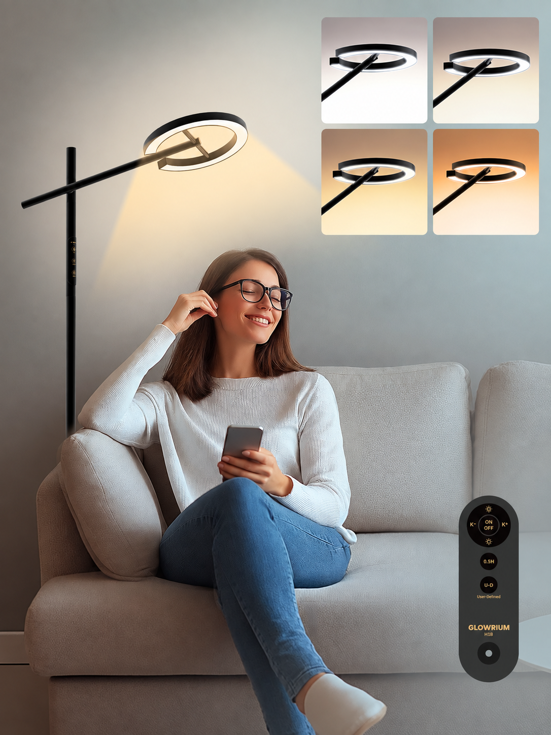 GLOWRIUM® H1B Happy Therapy Floor Lamp - UV-Free, Stepless Dimming, 12,000 Lux Brightness, Remote Control, Timer