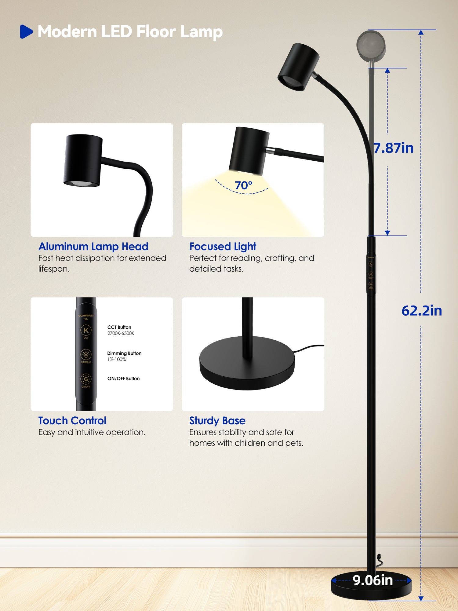 GLOWRIUM 12W LED Reading Floor Lamp H2B – 62" Tall, Dimmable Brightness &amp; Color Temperature, Adjustable Gooseneck Touch Control, Suitable for Living Room, Bedroom, and Home Office