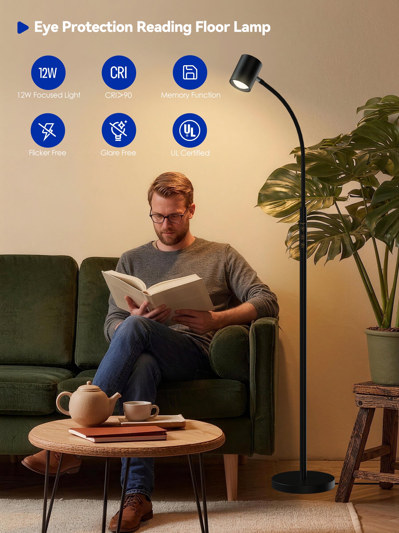 GLOWRIUM 12W LED Reading Floor Lamp H2B – 62" Tall, Dimmable Brightness &amp; Color Temperature, Adjustable Gooseneck Touch Control, Suitable for Living Room, Bedroom, and Home Office