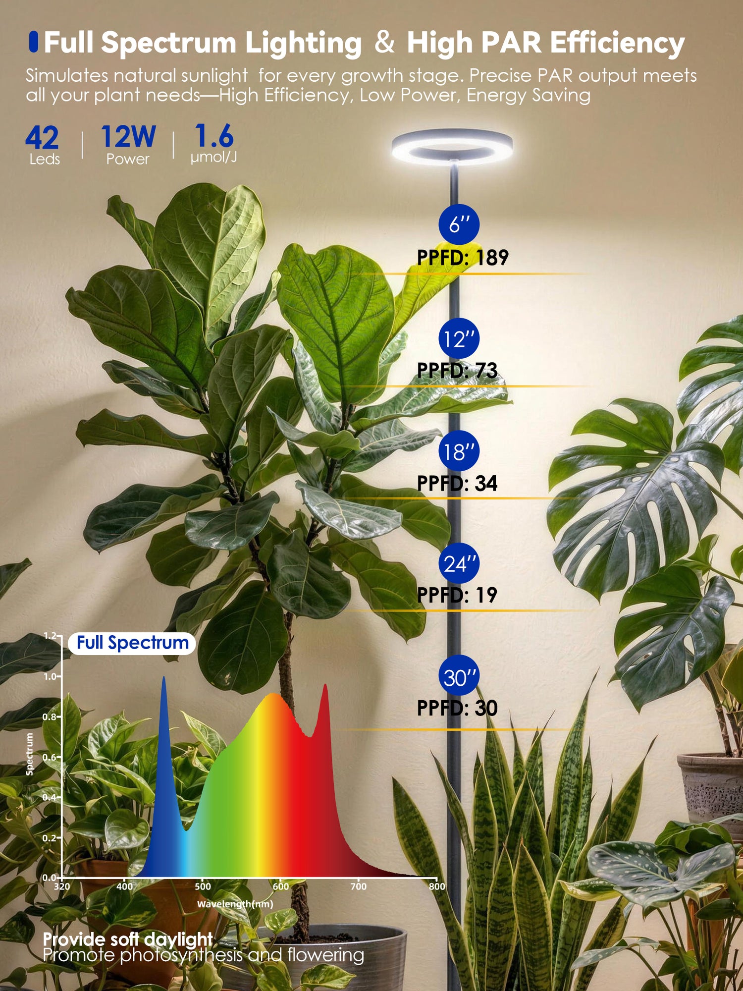 GLOWRIUM Smart Grow Light for Indoor Plants, Full Spectrum Floor Plant Light with APP Control, Auto Timer &amp; Adjustable Height for Large Tall Plants-G10