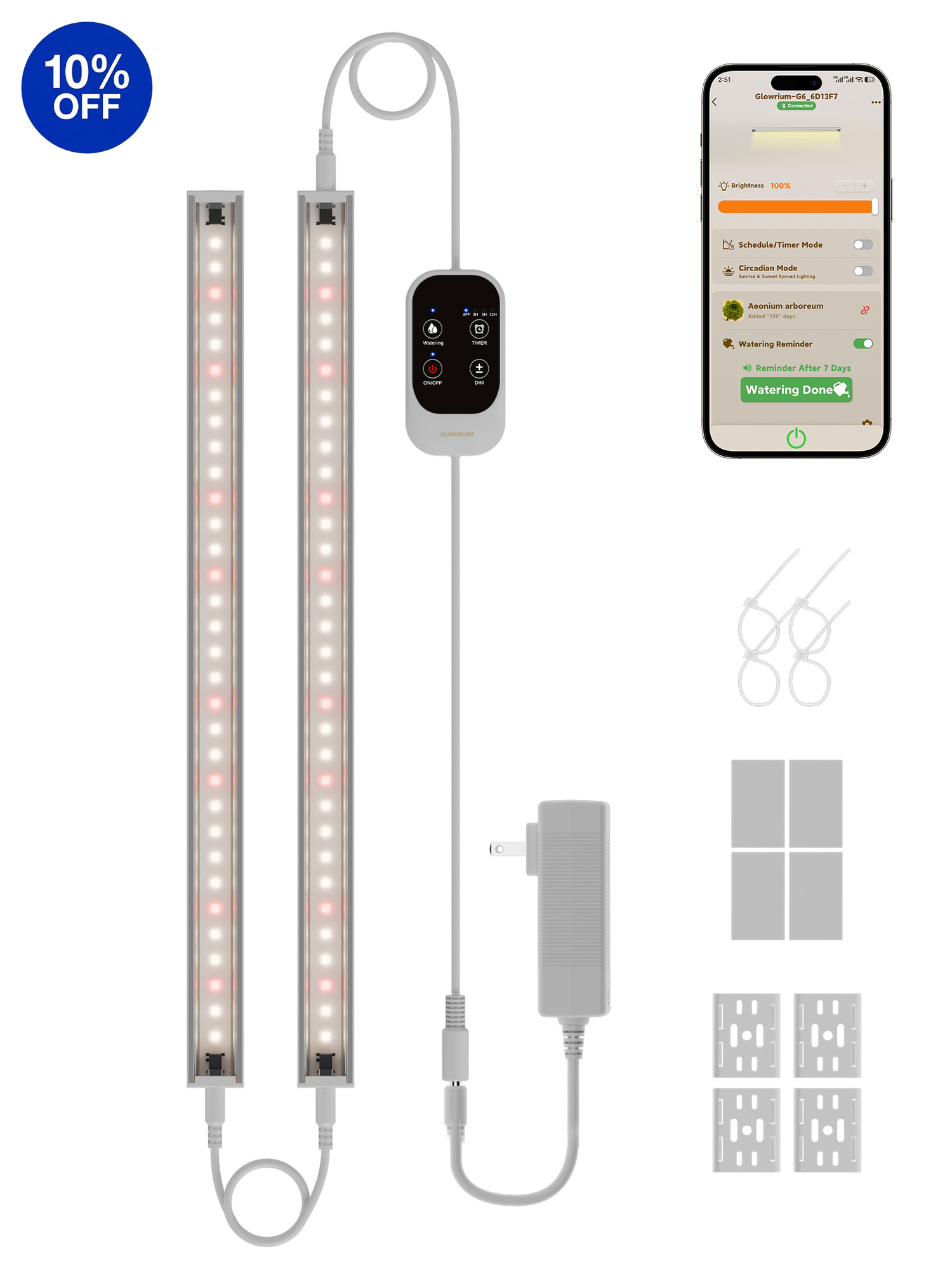 GLOWRIUM G6 2 Pack 16W Silver smart full spectrum LED grow light for indoor plants