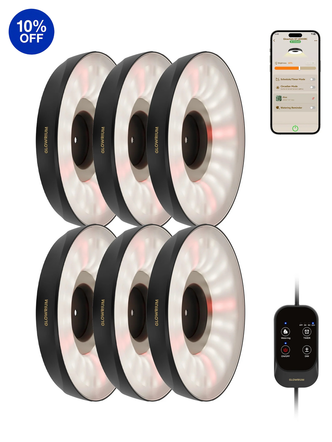 GLOWRIUM G7 | 48W (6-Pack) Smart Full Spectrum LED Puck Grow Light