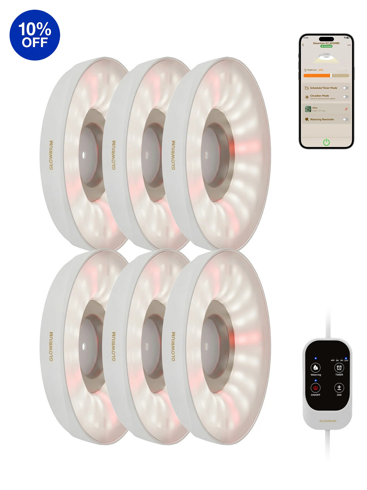 GLOWRIUM G7 | 48W (6-Pack) Smart Full Spectrum LED Puck Grow Light