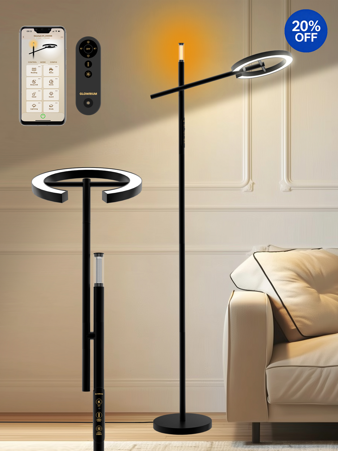 GLOWRIUM® H1 Smart Home Floor Lamp with APP Control & Stepless Dimmable