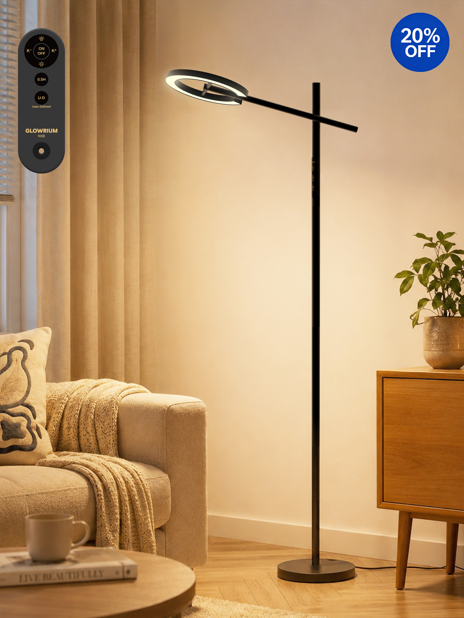 GLOWRIUM® H1B 2700-6500K Reading Floor Lamp with Stepless Dimmable, Rotatable for Living Room &amp; Bedroom &amp; Office