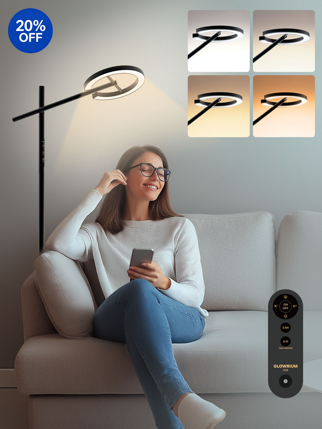 GLOWRIUM® H1B Happy Therapy Floor Lamp - UV-Free, Stepless Dimming, 12,000 Lux Brightness, Remote Control, Timer