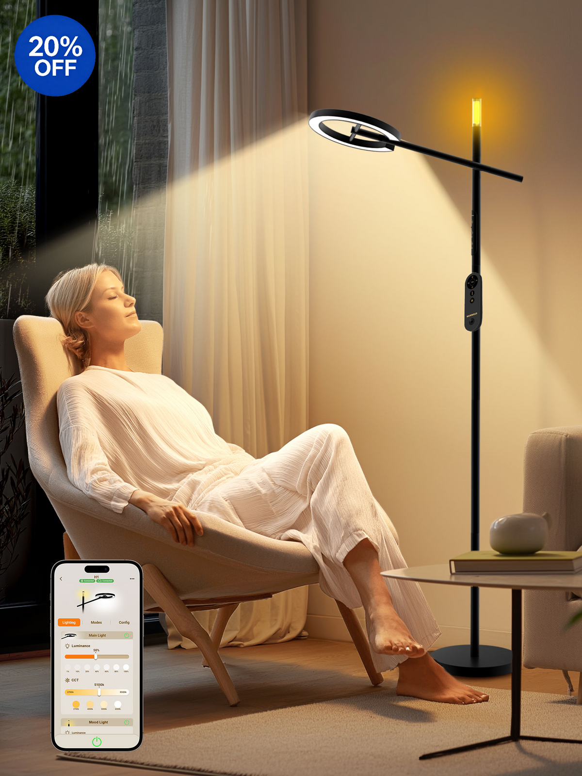 GLOWRIUM® H1 Smart Light Therapy Lamp - UV-Free, Stepless Dimming, Circadian Rhythm Support, Smart Control