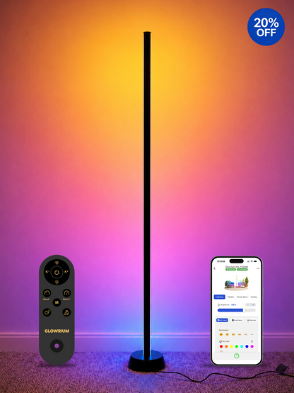 GLOWRIUM® H4 Smart LED Corner Floor Lamp – RGB+IC Color Effects, Alexa &amp; App Control, Dimmable Ambient Lighting for Gaming Rooms &amp; Living Spaces