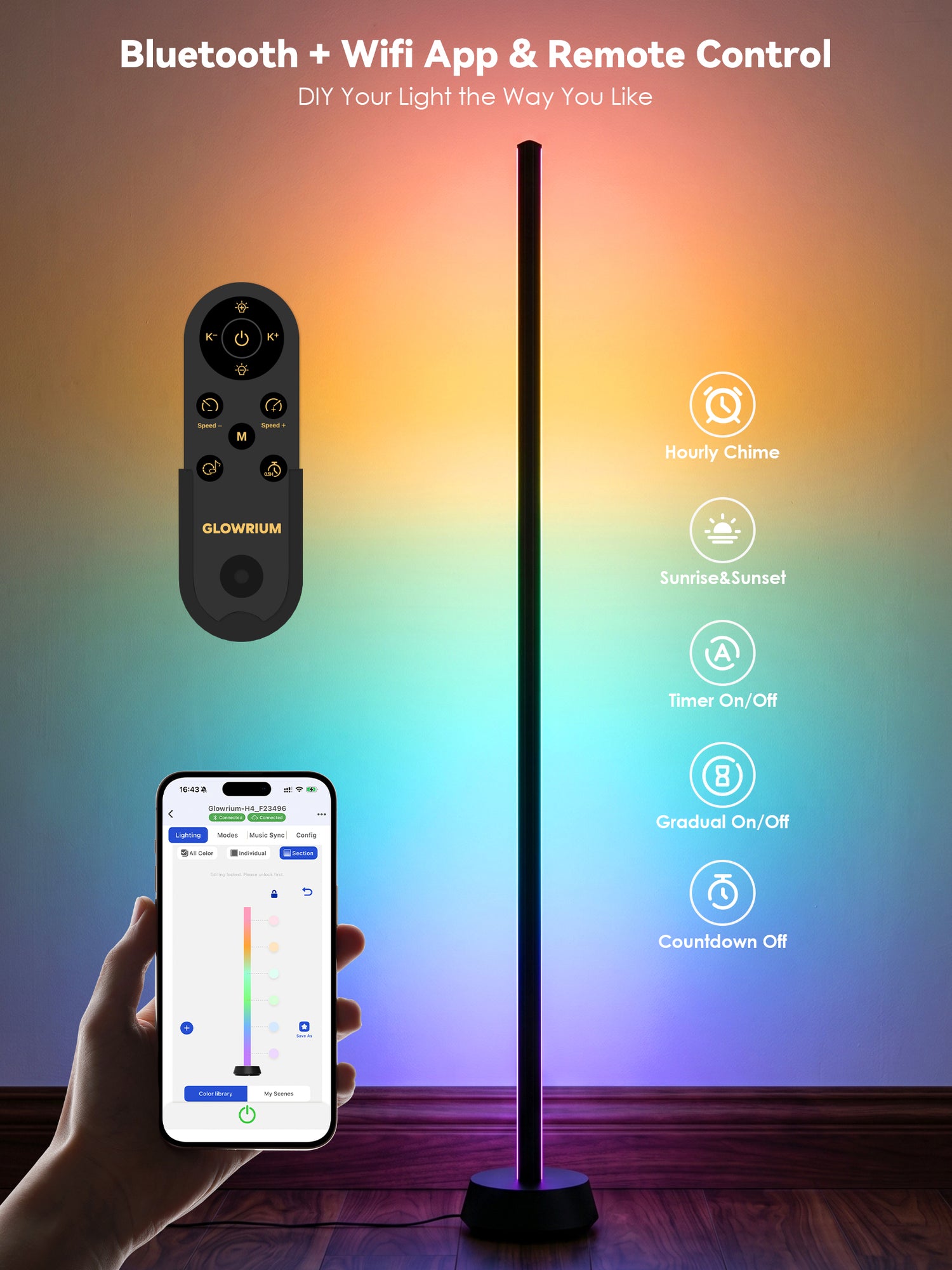 GLOWRIUM® H4 Smart LED Corner Floor Lamp – RGB+IC Color Effects, Alexa &amp; App Control, Dimmable Ambient Lighting for Gaming Rooms &amp; Living Spaces
