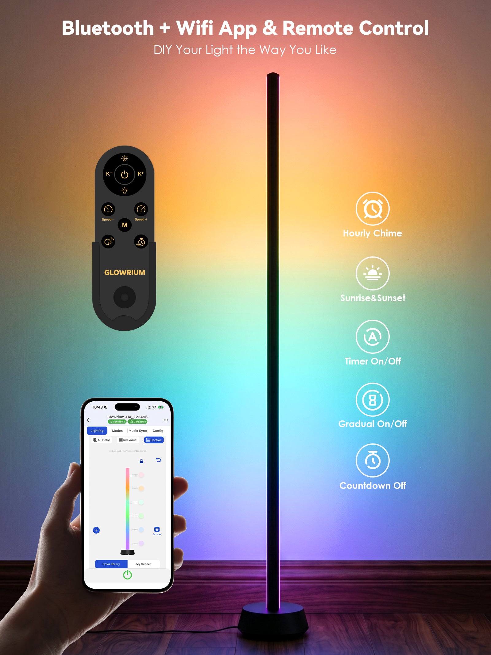 GLOWRIUM® H4 Smart LED Corner Floor Lamp – RGB+IC Color Effects, Alexa &amp; App Control, Dimmable Ambient Lighting for Gaming Rooms &amp; Living Spaces