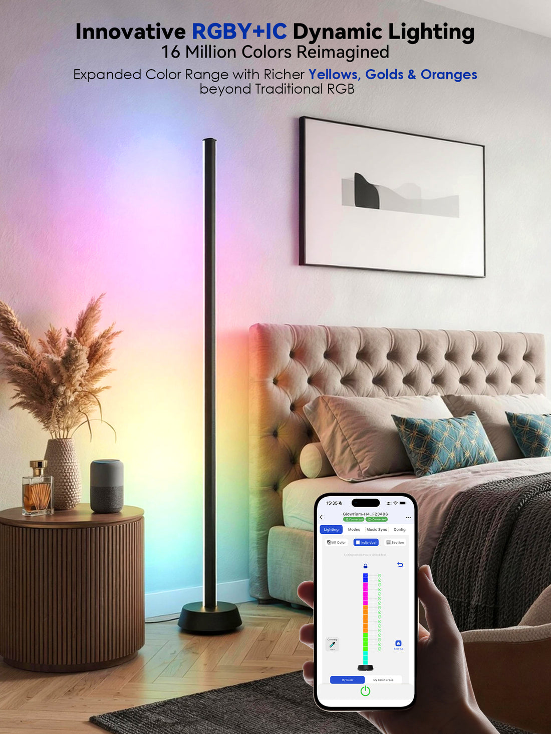GLOWRIUM® H4 Smarte LED Eck-Stehlampe – RGB+IC Farbeffekte, Alexa- &amp; App-Steuerung, Dimmbare Stimmungsbeleuchtung für Gaming-Zimmer &amp; Wohnbereiche