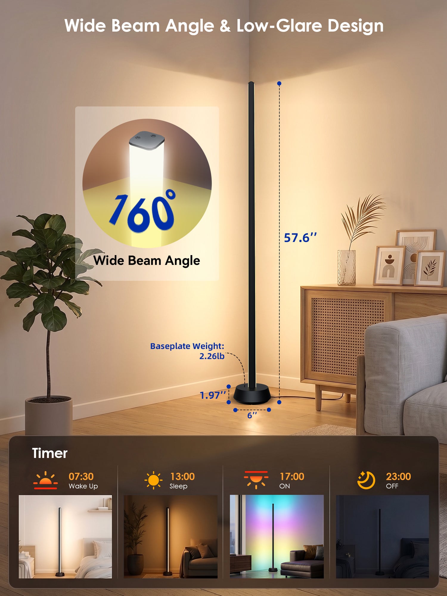 GLOWRIUM® H4 Smart LED Corner Floor Lamp – RGB+IC Color Effects, Alexa &amp; App Control, Dimmable Ambient Lighting for Gaming Rooms &amp; Living Spaces