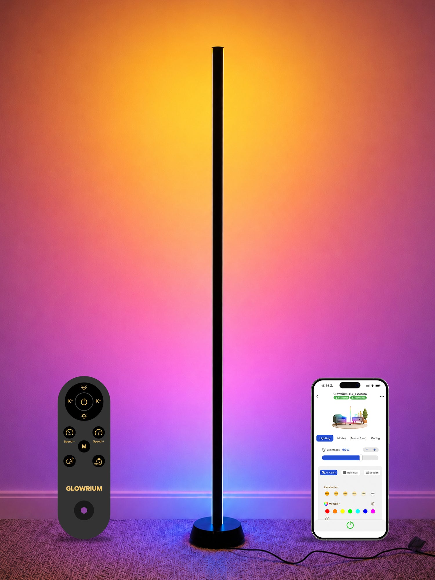 GLOWRIUM® H4 Smart LED Corner Floor Lamp – RGB+IC Color Effects, Alexa &amp; App Control, Dimmable Ambient Lighting for Gaming Rooms &amp; Living Spaces