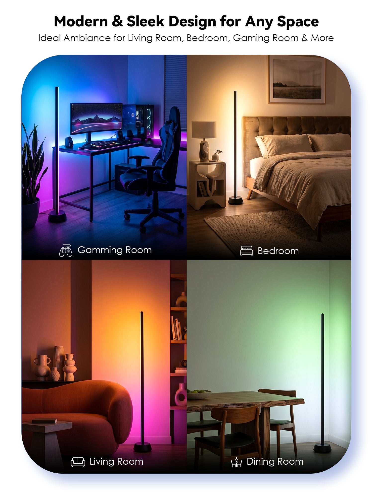 GLOWRIUM® H4 Smart LED Corner Floor Lamp – RGB+IC Color Effects, Alexa &amp; App Control, Dimmable Ambient Lighting for Gaming Rooms &amp; Living Spaces