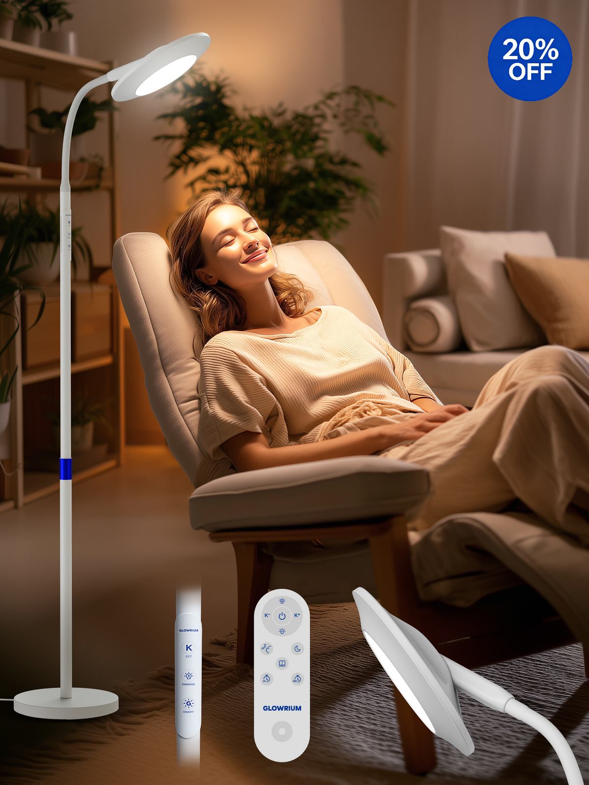 GLOWRIUM® H6 Light Therapy Floor Lamp - 48,000 Lux UV-Free Full Spectrum Sunlight Lamp with Remote &amp; Touch Control