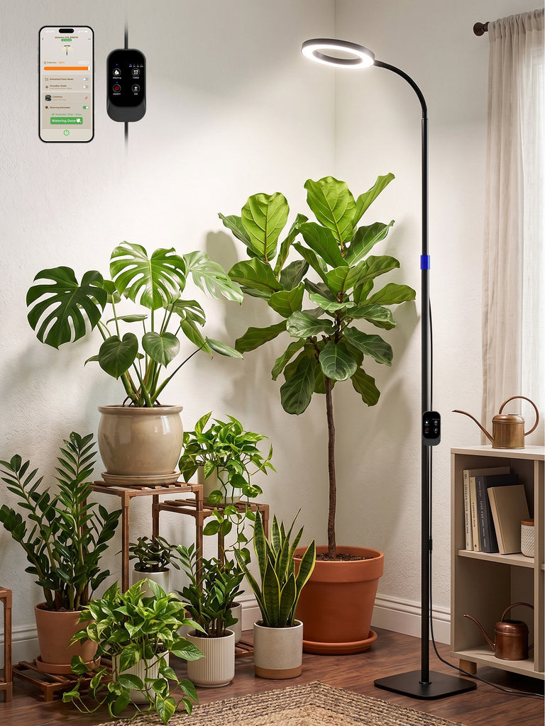 GLOWRIUM® G10 Smarte Pflanzenlampe für Zimmerpflanzen, Vollspektrum Standleuchte mit App-Steuerung, Auto-Timer, Teleskop-Verstellung für große Pflanzen