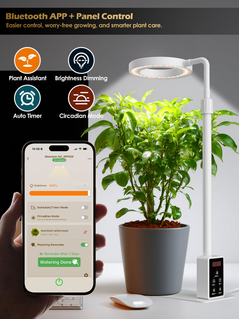 GLOWRIUM® G4 8W Intelligente LED-Pflanzenlampe – Vollspektrum-Pflanzenlampe für den Innenbereich mit App-Steuerung, einstellbarer Höhe, Dual-Timer, Pflanzenpflege-Assistent