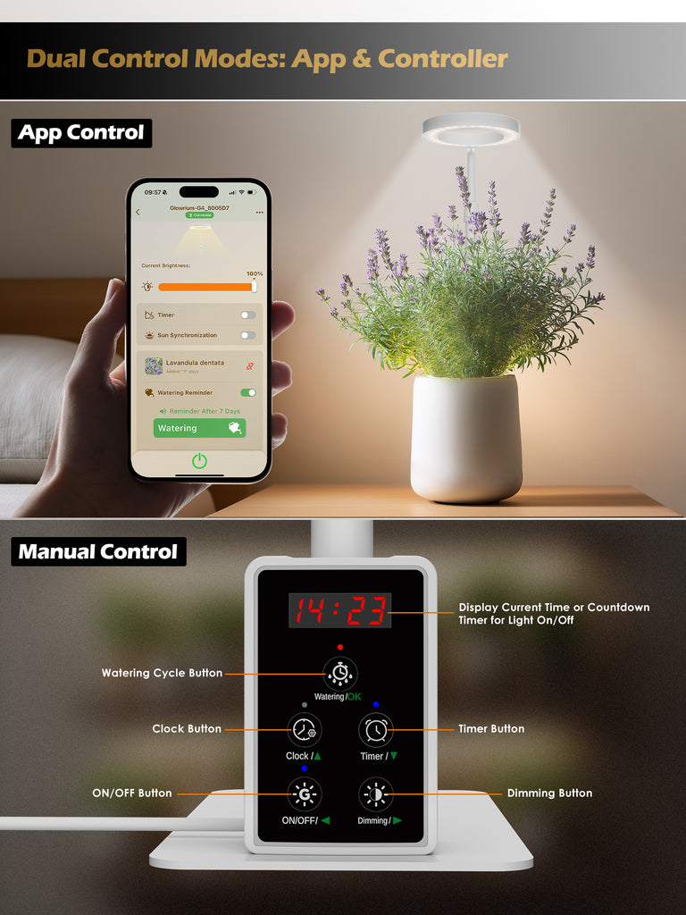 GLOWRIUM® G4 8W Intelligente LED-Pflanzenlampe – Vollspektrum-Pflanzenlampe für den Innenbereich mit App-Steuerung, einstellbarer Höhe, Dual-Timer, Pflanzenpflege-Assistent