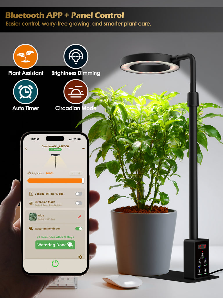 GLOWRIUM® G4 12W Smart LED Grow Light - Full Spectrum Indoor Plant Lamp with App Control, Adjustable Height, Dual Timer, Plant Care Assistant