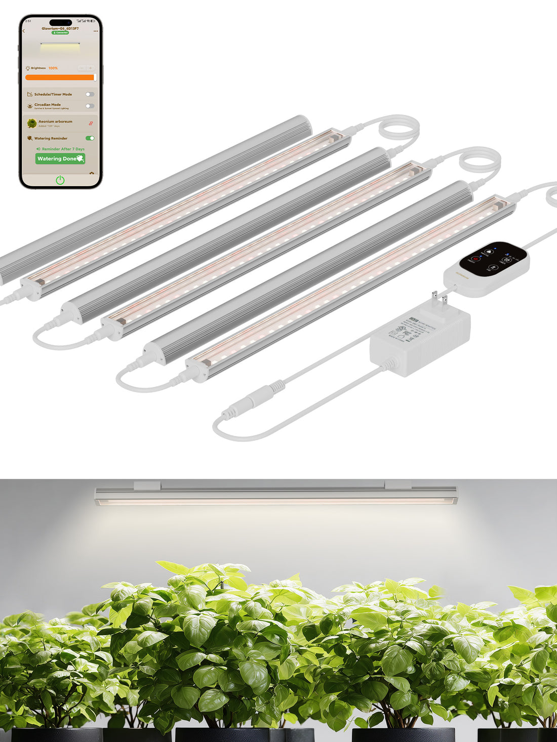 GLOWRIUM G6 smart LED grow light bars 6 pack kit in silver aluminum housing with zip ties and mounting tape